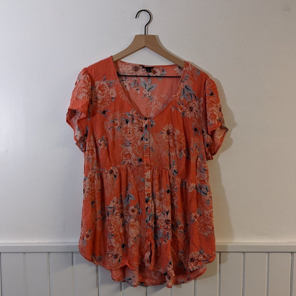 Torrid 2 Coral Floral Button Down Babydoll Blouse